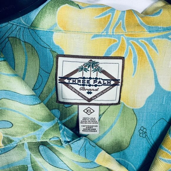 Three Palm Brand Shirt Mens XL Blue Silk Hawaiian Short Sleeve Button up Floral - Picture 4 of 12